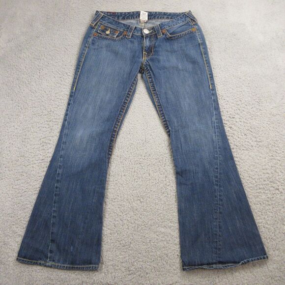 True Religion‎ Women Joey Big T Stitch Jeans size 30 x 29 Flare Bootcut Low Rise - Picture 2 of 12